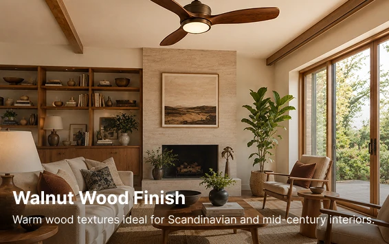 Walnut wood finish retro ceiling fan in a modern mid-century living room