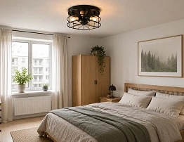 14 inch black cage hugger ceiling fan with E27 lights installed in a modern apartment bedroom