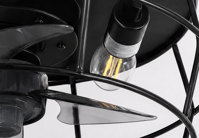 Close-up detail of E27 lamp holder inside a 14 inch black cage hugger ceiling fan with industrial metal cage design