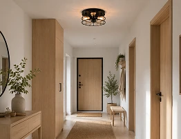 14 inch black cage hugger ceiling fan providing lighting and ventilation in a modern apartment hallway