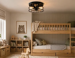 14 inch black cage hugger ceiling fan installed in a modern children's bedroom with safe enclosed cage design