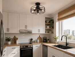 14 inch black cage hugger ceiling fan installed in a compact laundry room with low ceiling