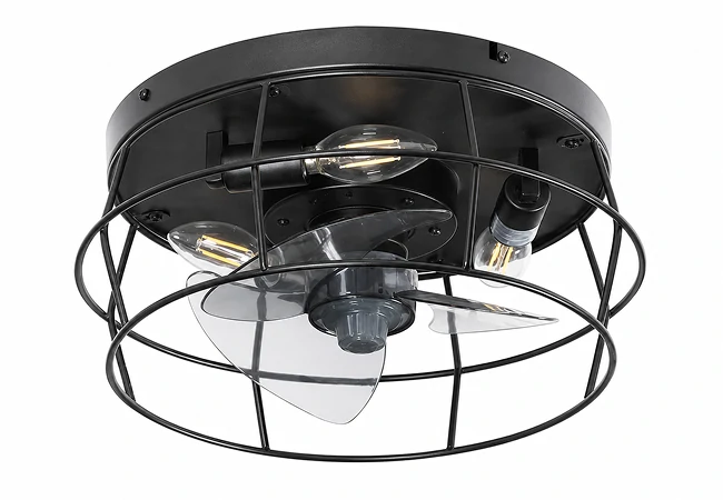 Studio product image of 14 inch black cage hugger ceiling fan with E27 lamp holders and metal cage design