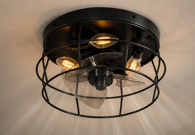 Dimension drawing of a 14 inch black cage hugger ceiling fan with E27 lights showing height and diameter