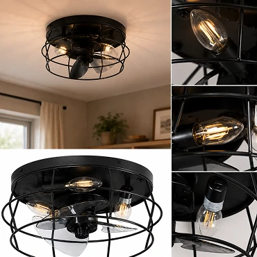 Close-up of three E27 lamp holders inside a black cage hugger ceiling fan with decorative Edison bulbs