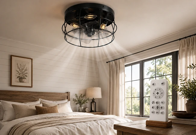 14 inch black cage hugger ceiling fan installed in a compact apartment laundry room with low ceiling