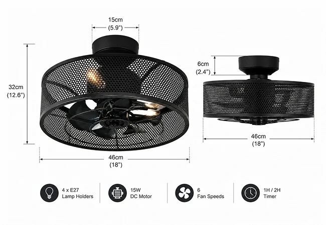 Dimension chart for an 18-inch black caged ceiling fan with E27 light sockets and DC motor.