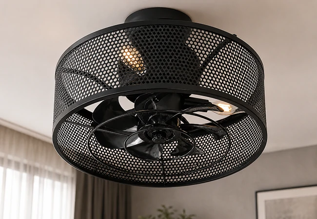 18-inch black caged ceiling fan with light installed in a modern living room interior.