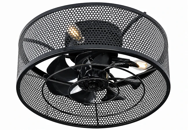 Front angled view of an 18-inch black caged ceiling fan with four E27 light sockets.