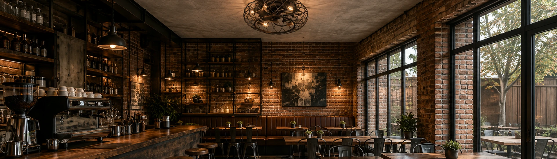 18 inch black industrial cage flush mount ceiling fan light installed in a modern commercial coffee shop interior