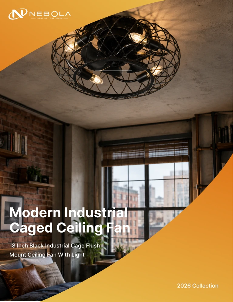18 inch black industrial cage flush mount ceiling fan light installed in a modern coffee shop interior