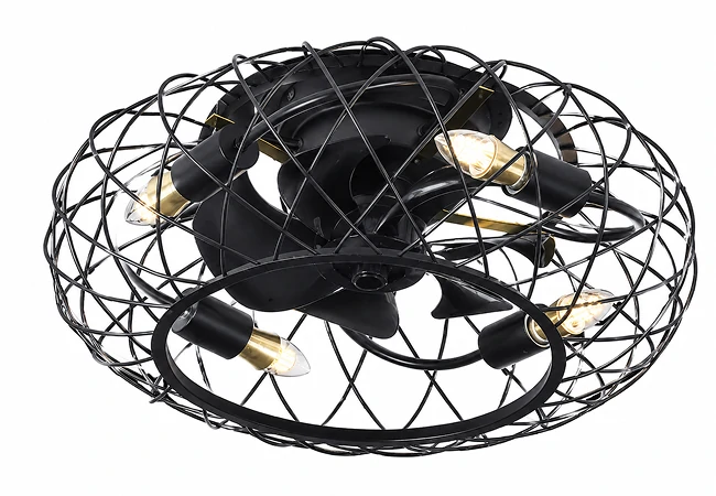 Studio image of an 18 inch black industrial cage flush mount ceiling fan light with four E27 lamp holders