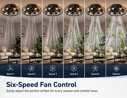 Remote control operation of 18 inch black industrial cage flush mount ceiling fan light in living room