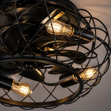 Four E27 lamp holders integrated into 18 inch black industrial cage flush mount ceiling fan light