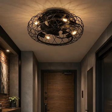 18 inch black industrial cage flush mount ceiling fan light installed in a low ceiling residential space