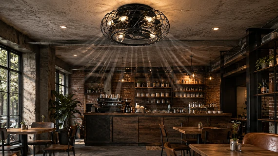 18 inch black industrial cage flush mount ceiling fan light providing airflow in a commercial interior space