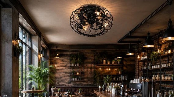 18 inch black industrial cage flush mount ceiling fan light installed across bedroom restaurant coffee shop and patio environments