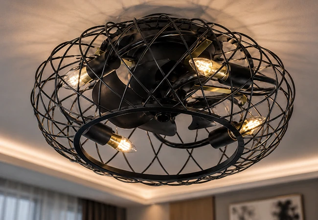 18 inch black industrial cage flush mount ceiling fan light installed in a modern residential interior