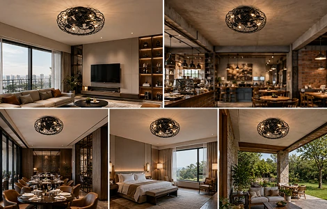 18 inch black industrial cage flush mount ceiling fan light installed across residential and commercial project environments