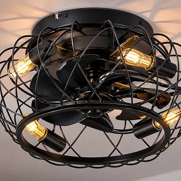 Close-up detail of 18 inch black industrial cage flush mount ceiling fan light showing metal cage construction