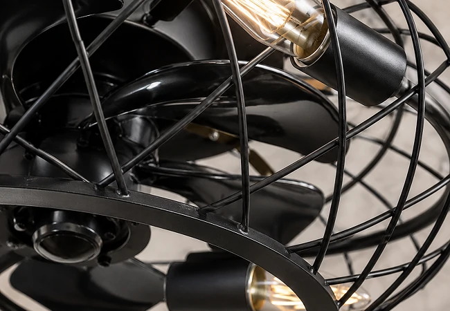Close-up detail of metal cage structure on 18 inch black industrial flush mount ceiling fan light