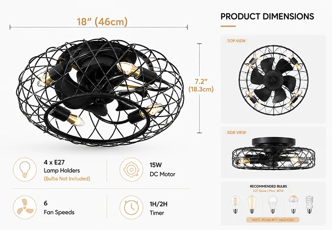 Product dimensions and technical specifications of 18 inch black industrial cage flush mount ceiling fan light
