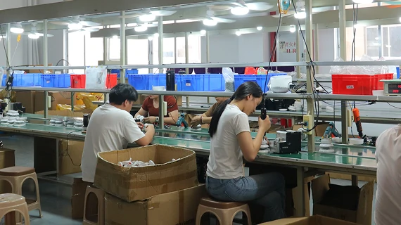 OEM manufacturing line producing 18 inch black industrial cage flush mount ceiling fan lights for private label projects