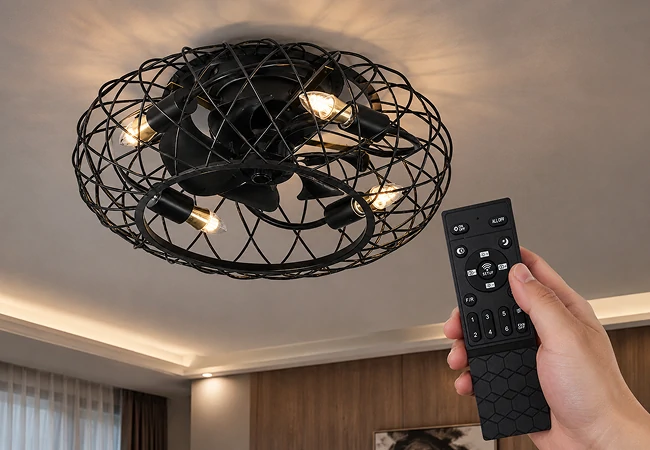 Remote control operation of 18 inch black industrial cage flush mount ceiling fan light in living room