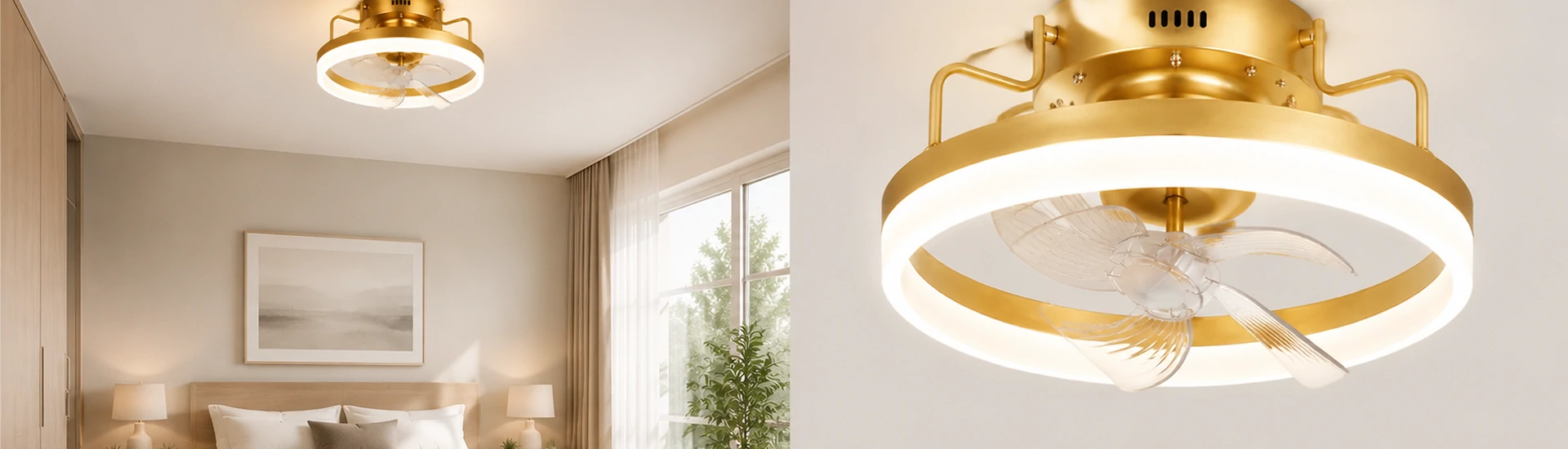 20 inch oscillating air multiplier ceiling fan with dimmable LED light installed in a modern bedroom