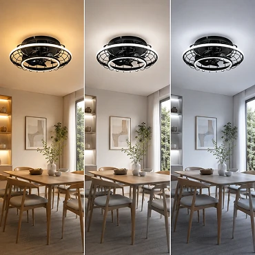 20 inch black cage low profile ceiling fan showing warm natural and cool lighting options