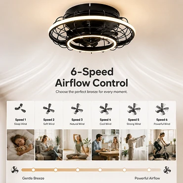 20 inch black cage low profile ceiling fan creating smooth airflow in a modern dining room