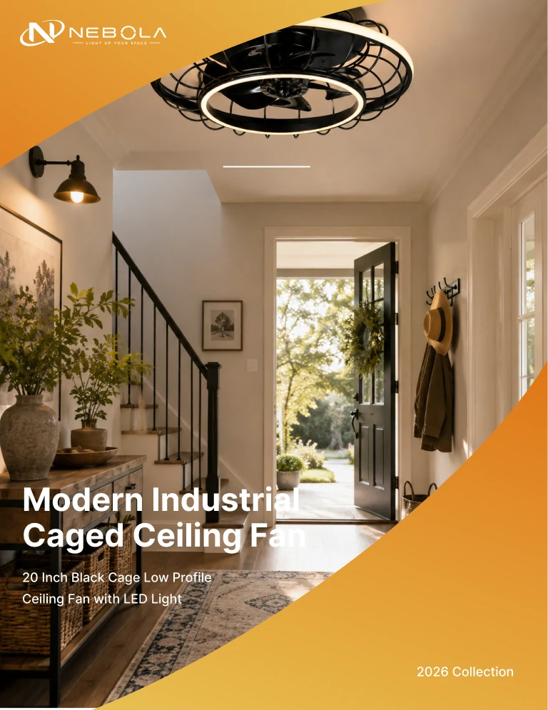 20 inch black cage low profile ceiling fan light installed in a modern American entryway with warm industrial interior design