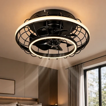 20 inch black cage low profile ceiling fan demonstrating quiet DC motor performance in a modern bedroom