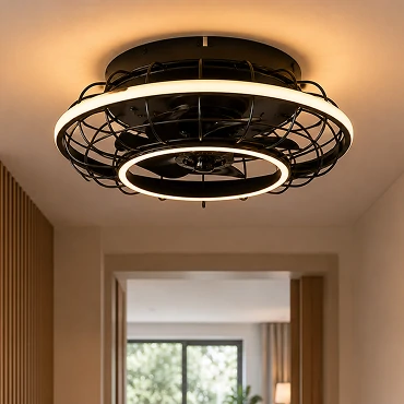 20 inch black cage low profile ceiling fan light installed in a modern Scandinavian style living room
