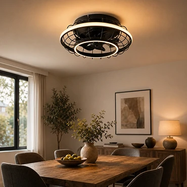20 inch black cage low profile ceiling fan providing warm ambient lighting in a modern dining room
