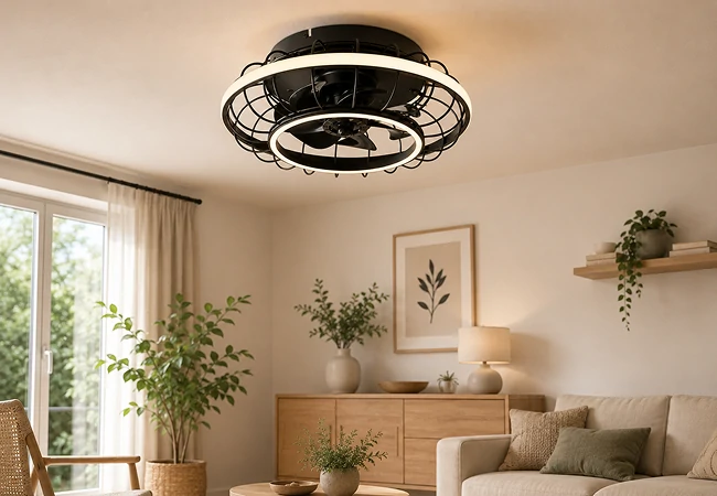 20 inch black cage low profile ceiling fan light installed in a modern Scandinavian style living room