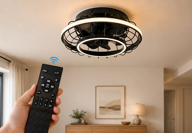 Remote control operating a 20 inch black cage low profile ceiling fan light in a modern living room