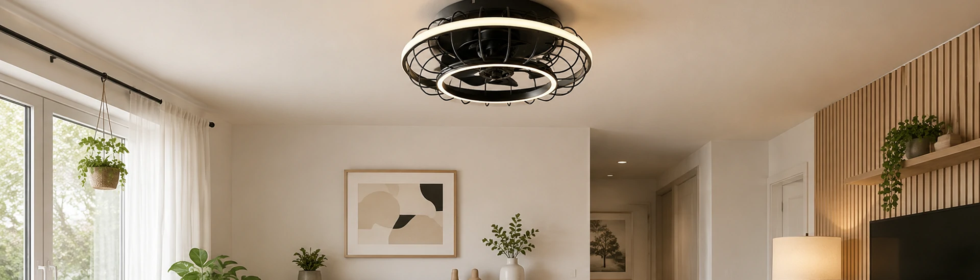 20 inch black cage low profile ceiling fan light installed in a modern apartment living room with integrated LED lighting