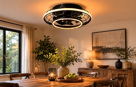 20 inch black cage low profile ceiling fan light installed in a modern apartment dining room with low ceiling