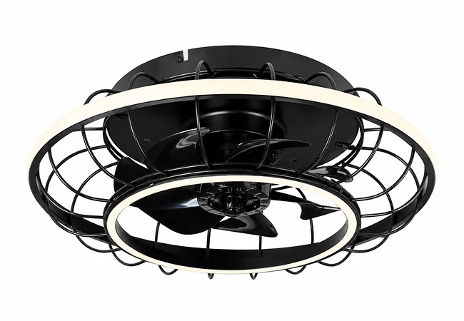 Studio image of a 20 inch black cage low profile ceiling fan light with integrated LED ring