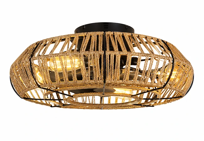 20 inch farmhouse rattan caged ceiling fan with light featuring handwoven natural rattan and E27 bulb lighting