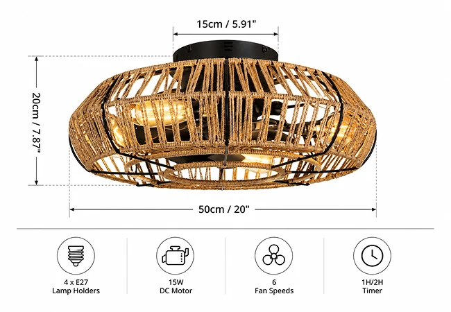 Dimension and specification diagram of a 20 inch farmhouse rattan caged ceiling fan with light