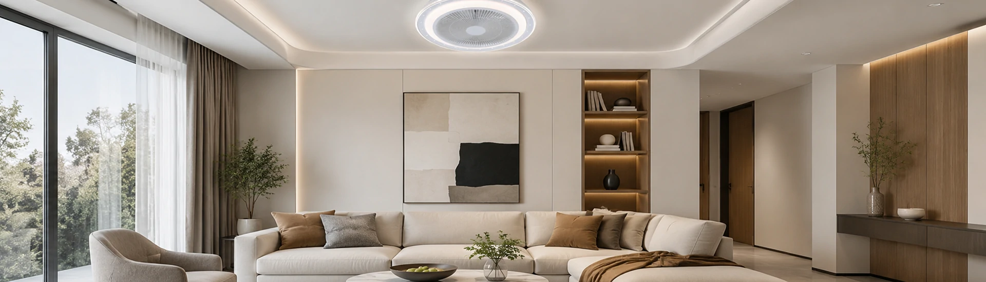 20 inch flush mount ceiling fan with LED light installed in a modern living room with low ceiling design and remote control functionality