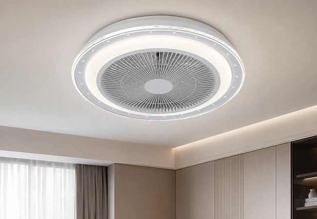 20 inch modern flush mount ceiling fan with LED light installed in a contemporary low ceiling living space