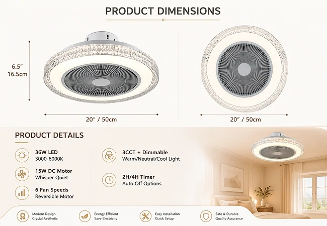 Front and bottom view of a 20-inch modern luxury ceiling fan light showing product dimensions