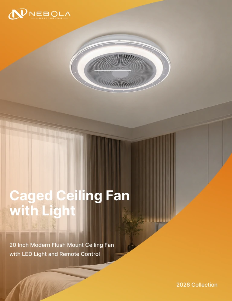 20 inch modern flush mount ceiling fan with LED light installed in a contemporary bedroom interior showing compact ceiling cooling and lighting solution