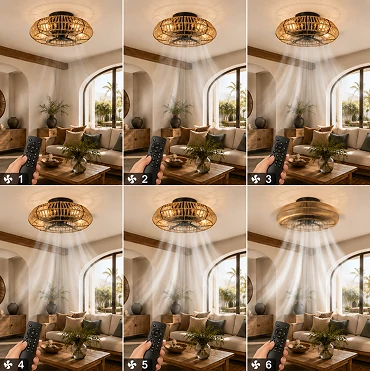 Remote controlled airflow adjustment on a 20 inch farmhouse rattan caged ceiling fan with light