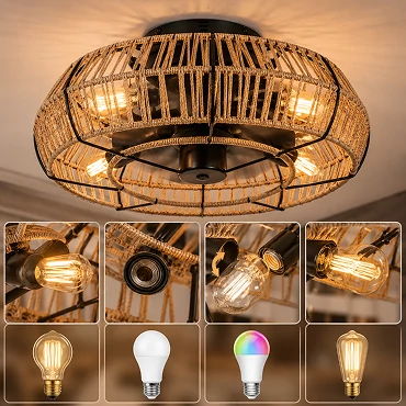 Four E27 replaceable bulbs installed inside a 20 inch farmhouse rattan caged ceiling fan