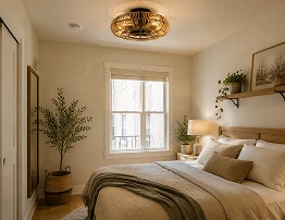 20 inch farmhouse rattan caged ceiling fan with light installed in a compact apartment bedroom
