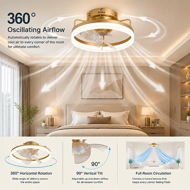 20 inch oscillating air multiplier ceiling fan providing balanced airflow throughout a modern bedroom